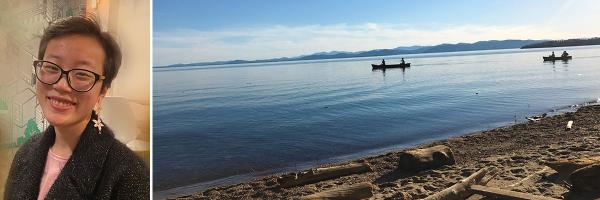 Grace Fang and lake beach with two canoes on water